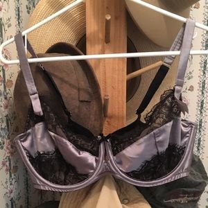 Cacique Gray Silk and Black Lace Demi Bra 38DDD